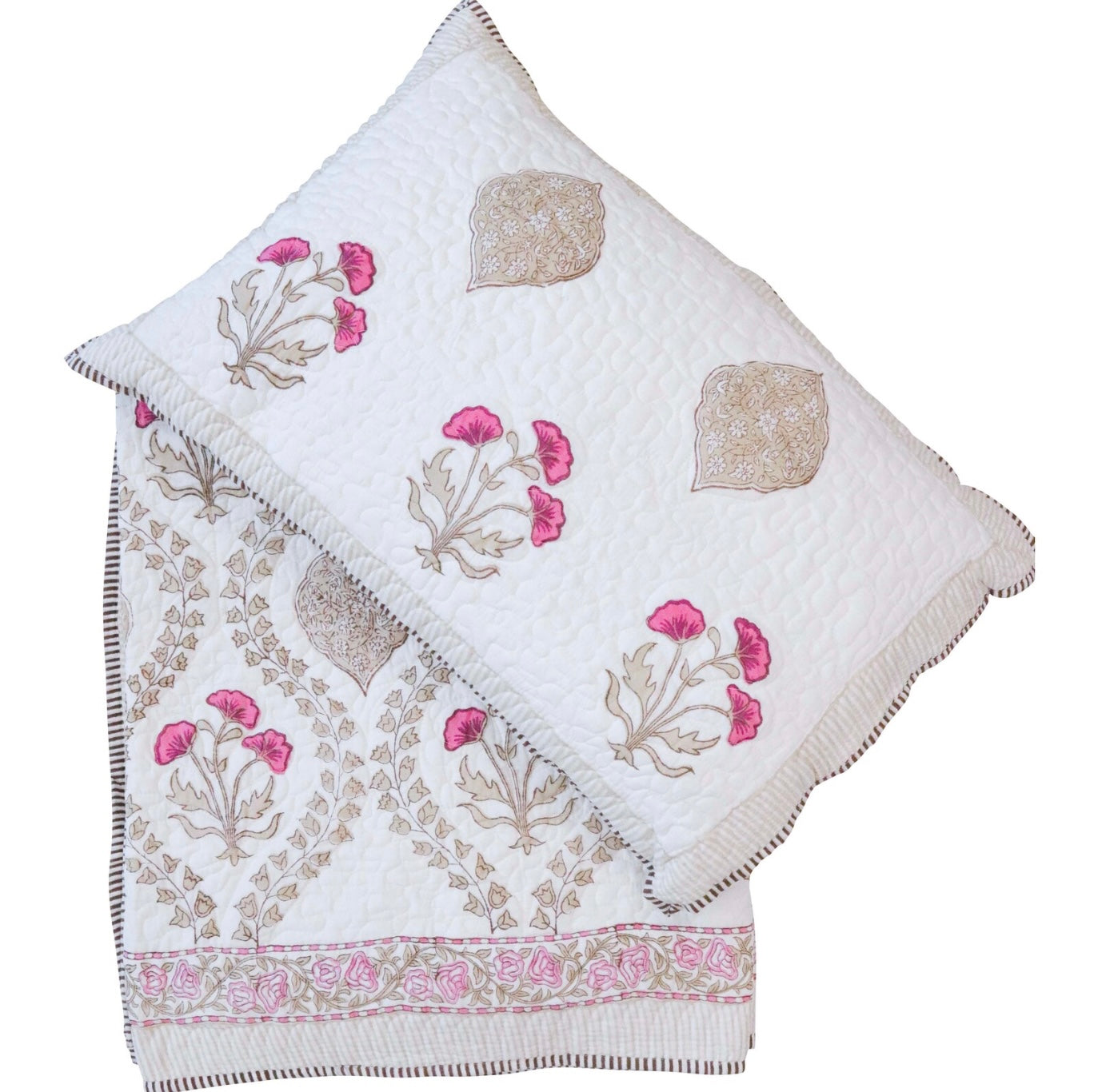 Quilted Bedspread Set Handmade Pink Beige