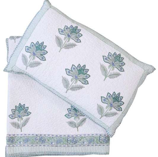 Quilted Bedspread Set Handmade Blue Sage